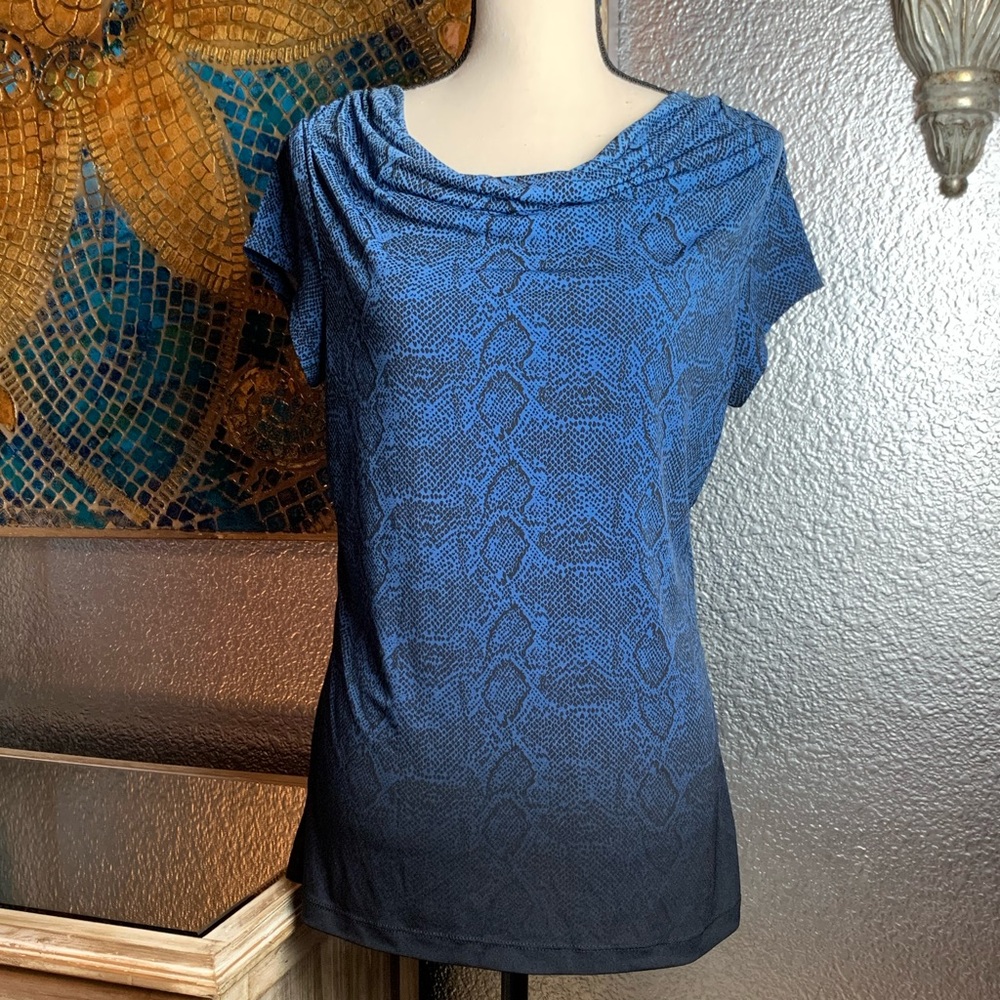 Liz Claiborne blue snake print jersey knit top.